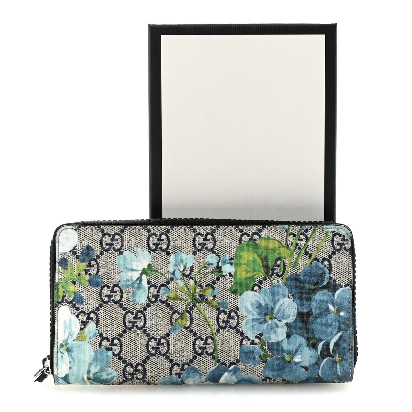 GG Supreme Monogram Blooms Zip Around Wallet Blue