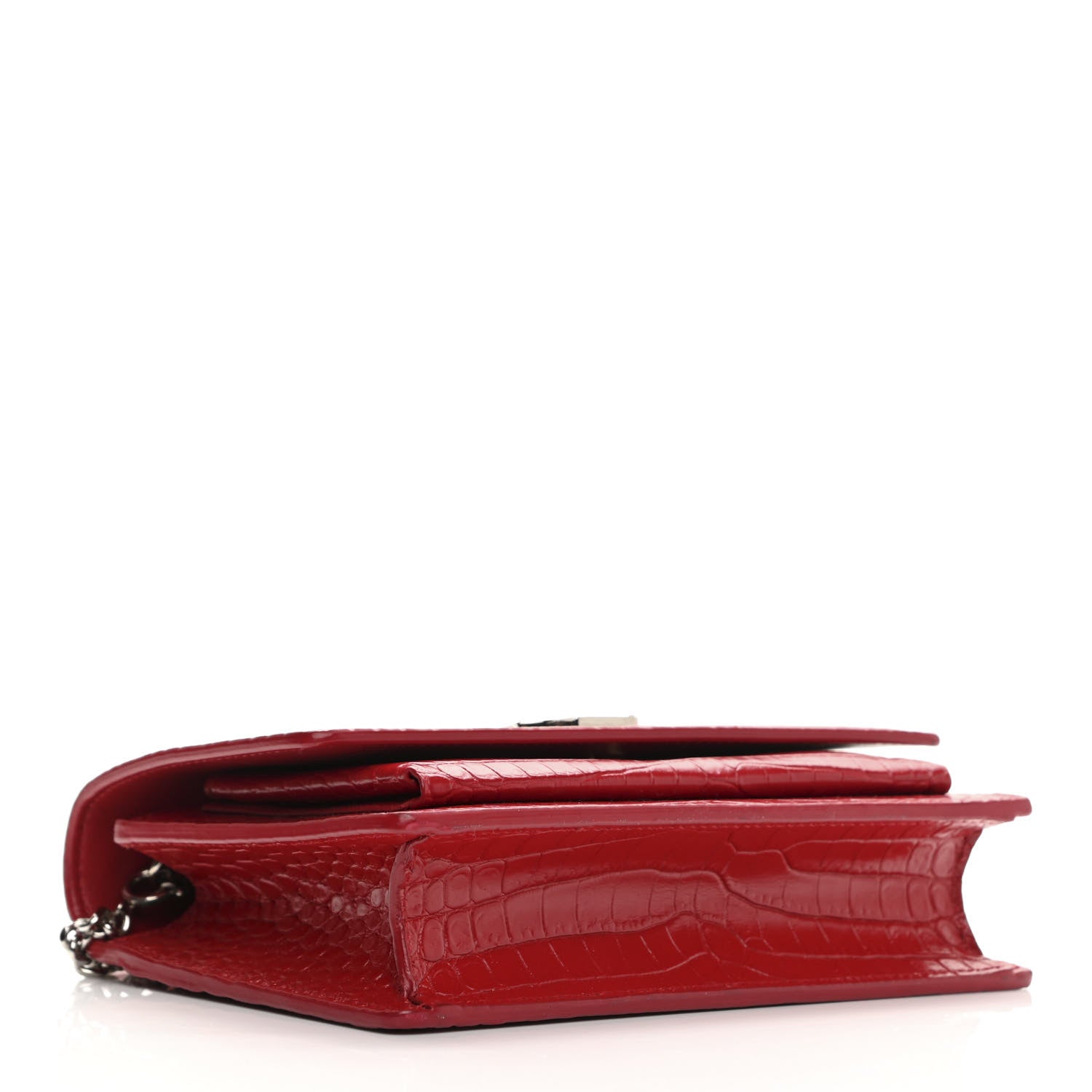 Saint Laurent Calfskin Crocodile Embossed Monogram Sunset Chain Wallet New Lipstick Red 4 of 13