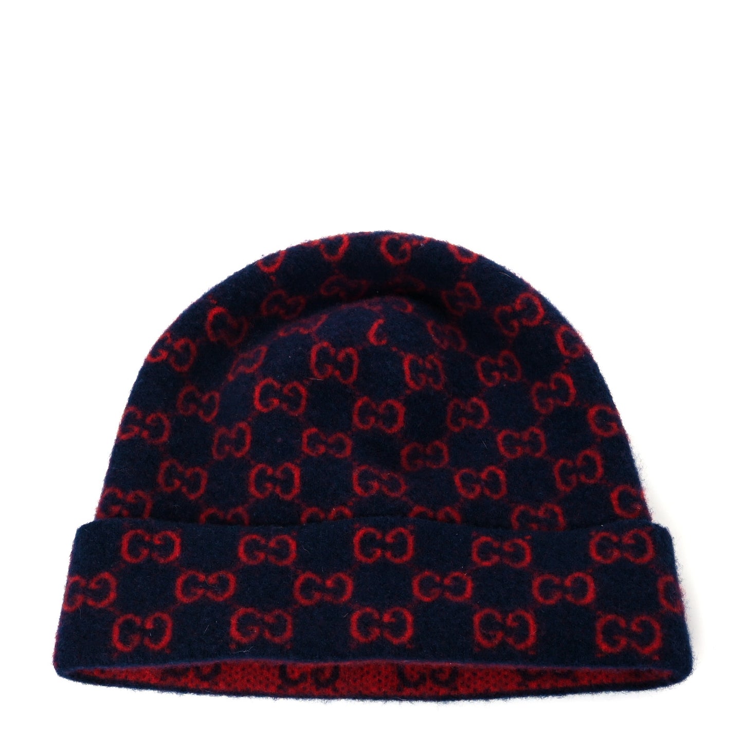 Wool GG Monogram Fog Tricot Beanie Hat XL Midnight Blue Red