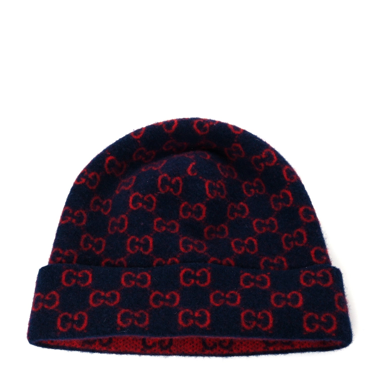 Gucci Wool GG Monogram Fog Tricot Beanie Hat XL Midnight Blue Red 2 of 4