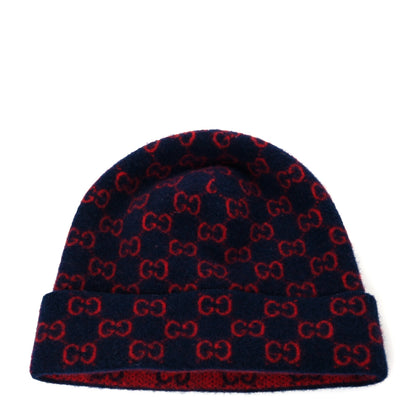 Gucci Wool GG Monogram Fog Tricot Beanie Hat XL Midnight Blue Red 2 of 4