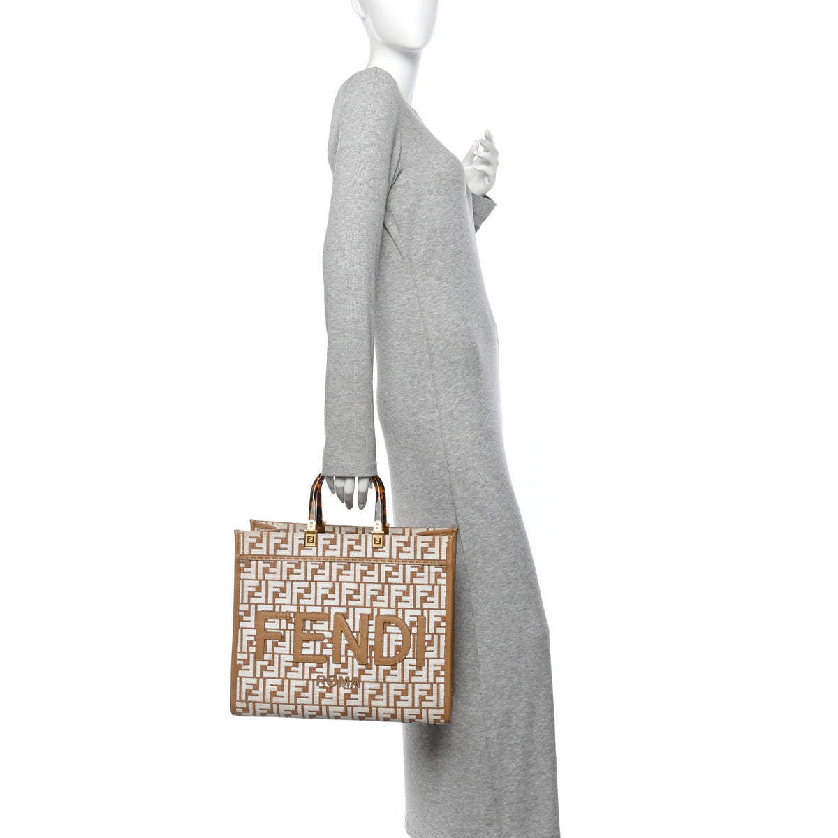 Fendi Woven Fabric Calfskin FF Medium Fendi Sunshine Shopper Tote Natural White Dark Honey 2 of 12