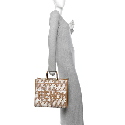 Fendi Woven Fabric Calfskin FF Medium Fendi Sunshine Shopper Tote Natural White Dark Honey 2 of 12