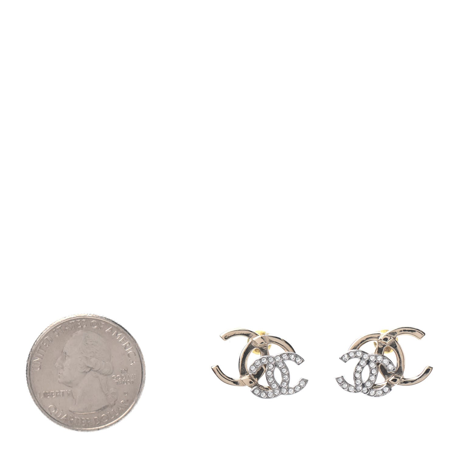 Chanel Crystal Double CC Earrings Gold Silver 2 of 4