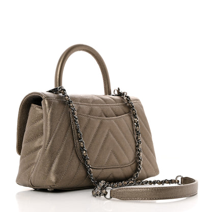 Chanel Metallic Caviar Chevron Quilted Mini Coco Handle Flap Light Gold 3 of 10
