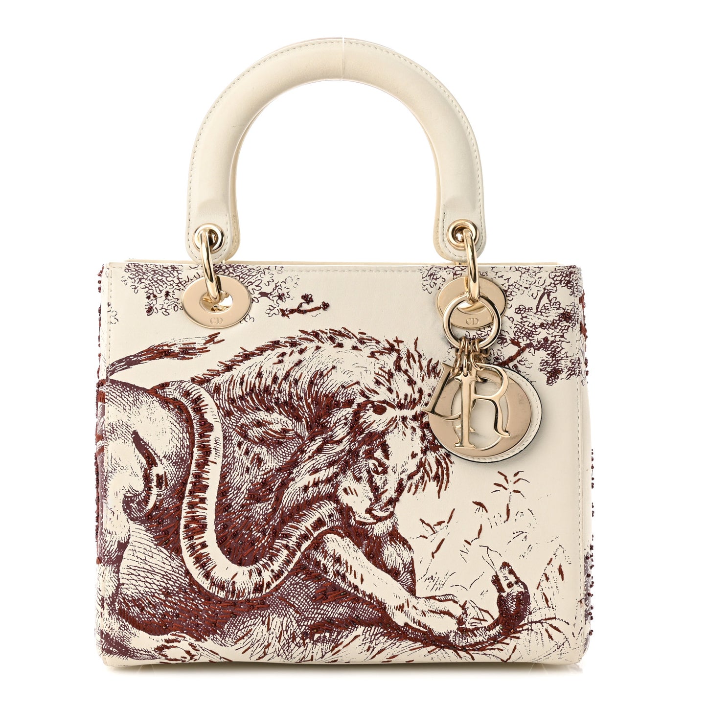 Calfskin Embroidered Medium Toile De Jouy Lady Dior White Red