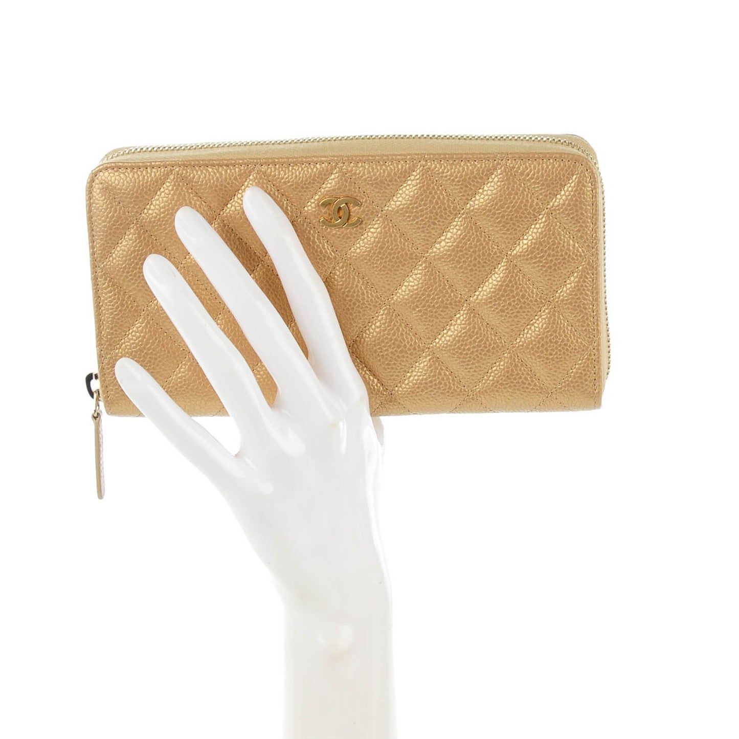 Pearly Caviar Quilted Large Gusset Zip Around Wallet Gold