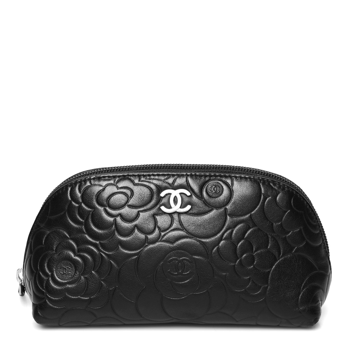Lambskin Camellia Embossed Cosmetic Case Black