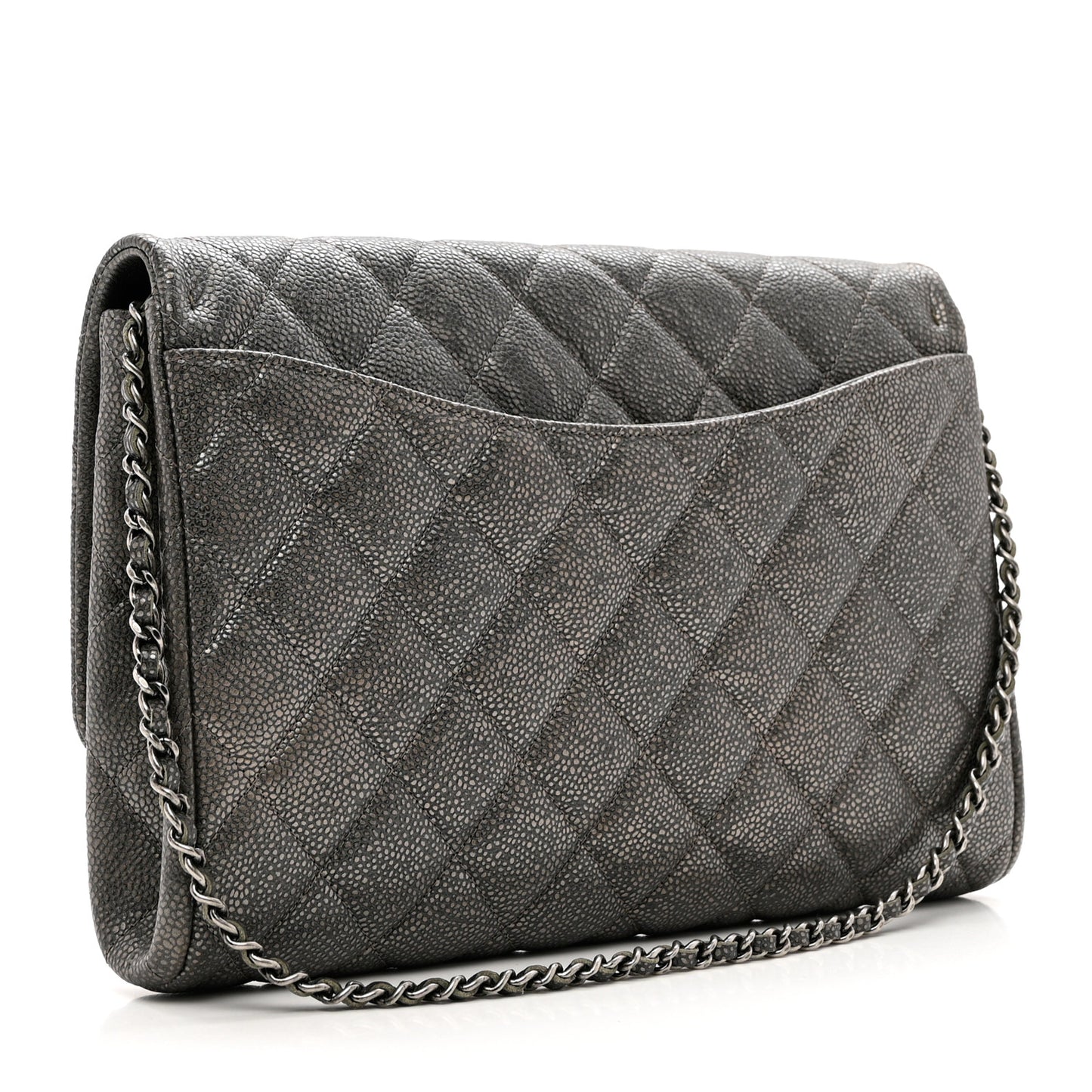 Metallic Caviar Quilted Clutch With Chain Flap Dark Silver