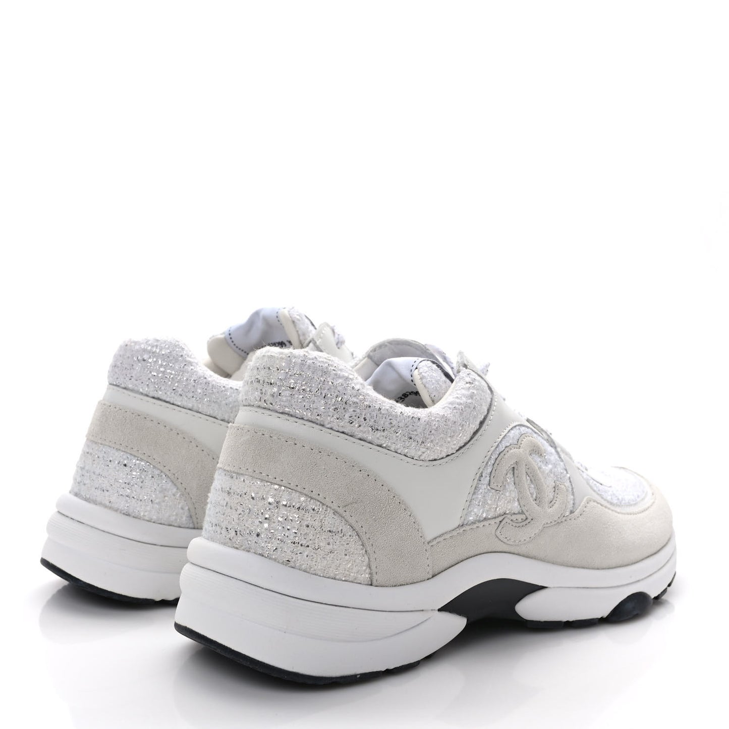 Painted Iridescent Cotton Tweed Suede Calfskin Womens CC Sneakers 39 White Silver Multicolor