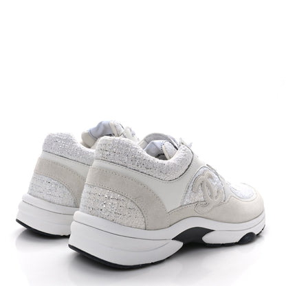 Chanel Painted Iridescent Cotton Tweed Suede Calfskin Womens CC Sneakers 39 White Silver Multicolor 4 of 9