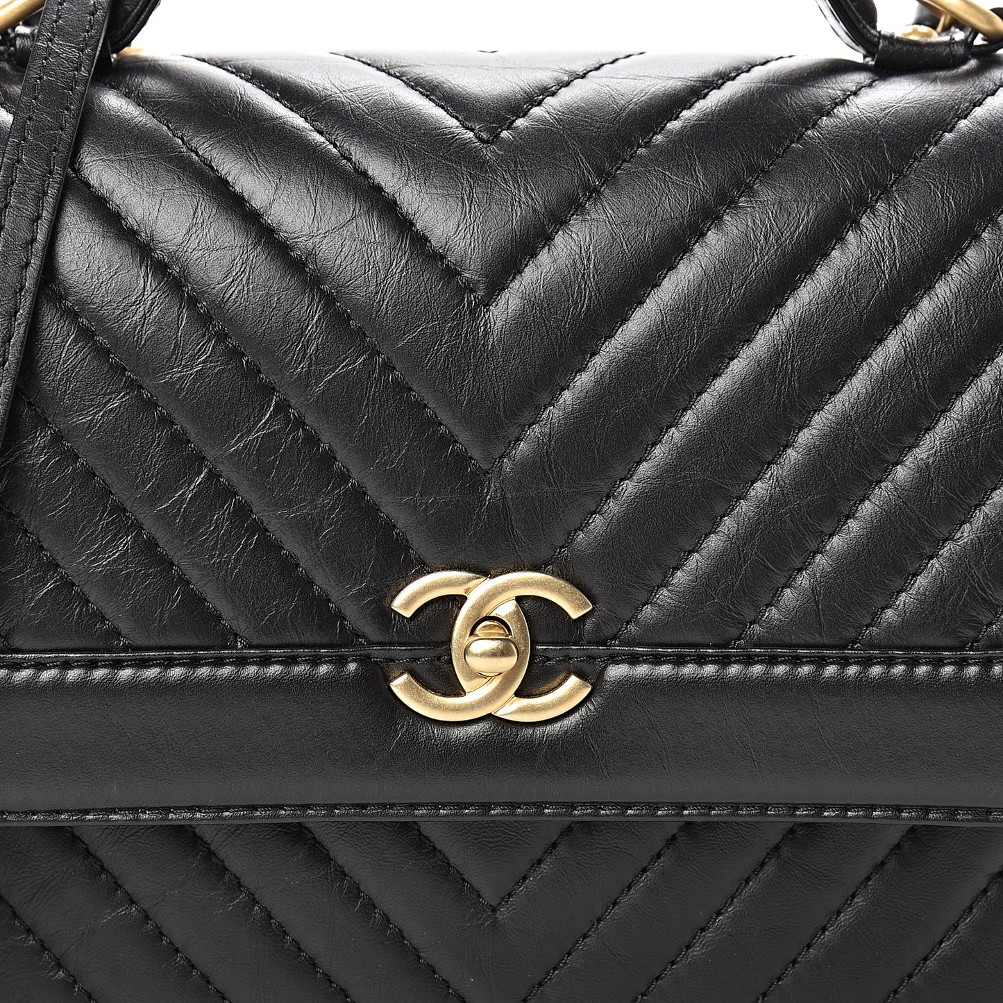 Calfskin Chevron Quilted Top Handle Flap Black