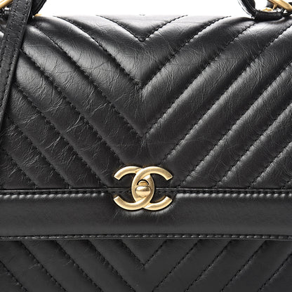 Chanel Calfskin Chevron Quilted Top Handle Flap Black 7 of 10