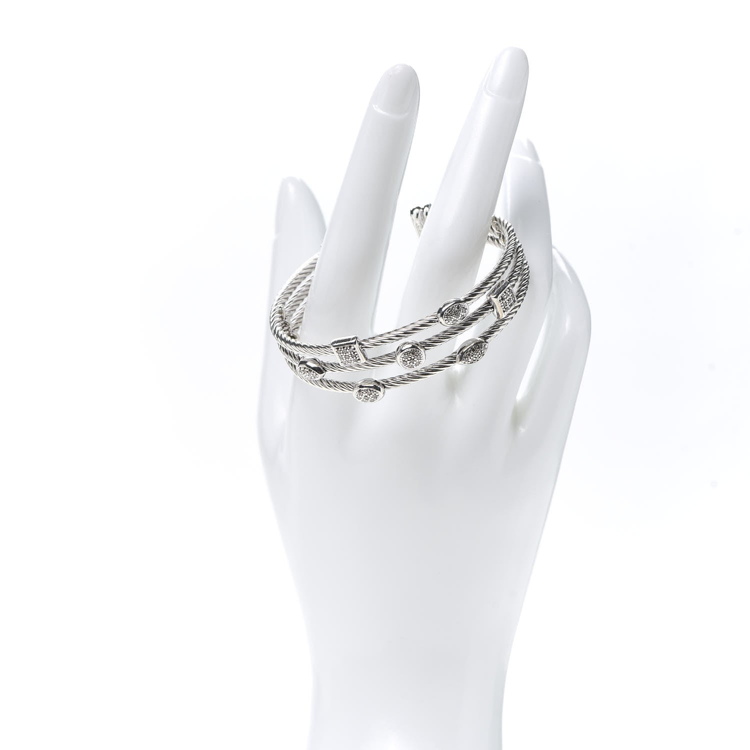 David Yurman Sterling Silver Diamond Three Row Confetti Cuff Bracelet 2 of 5