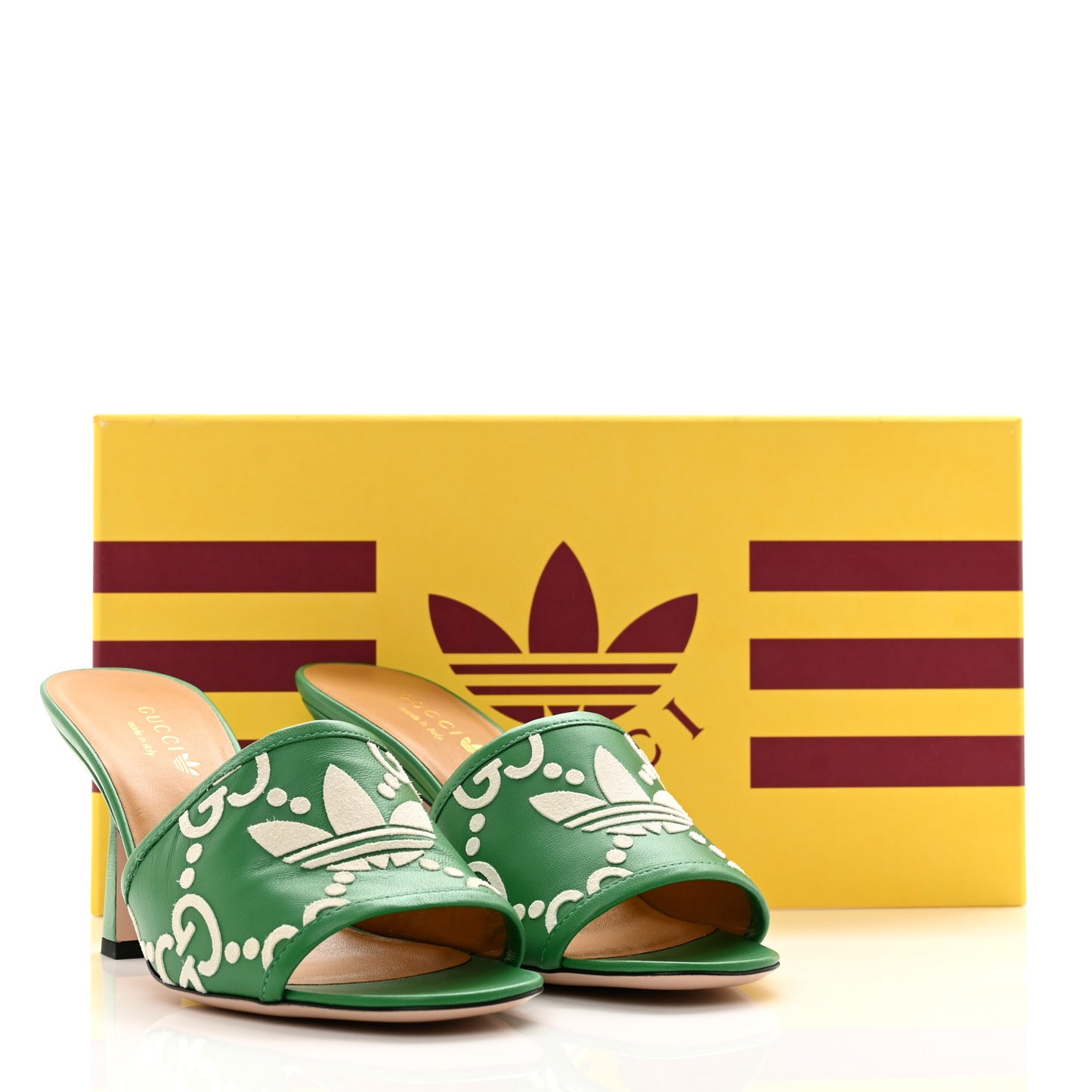 X ADIDAS Nappa Charlotte Suede Monogram Jumbo GG Trefoil 75mm Slide Sandals 37 New Shamarock Ivoire