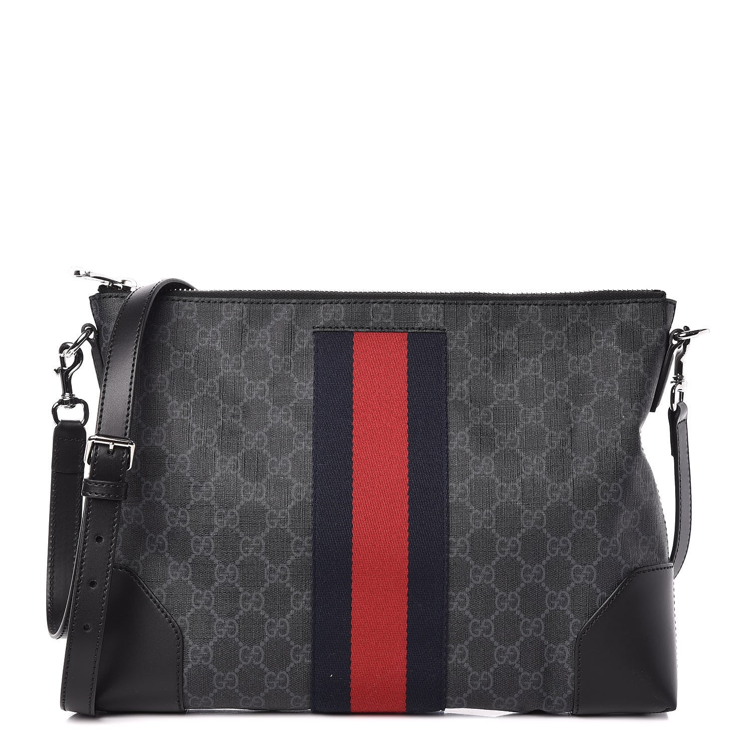 Gucci Soft GG Supreme Monogram Appia Calfskin Web East West Messenger Bag Black Grey 1 of 9