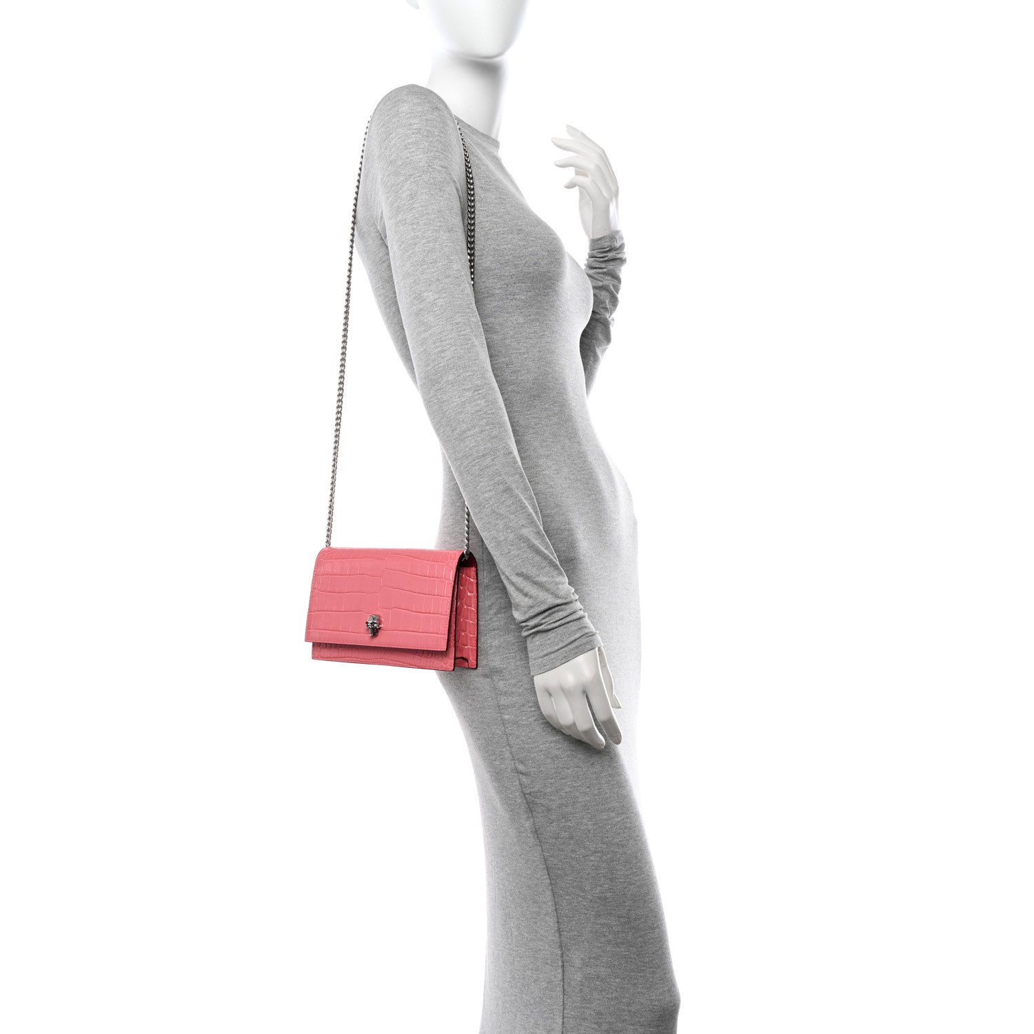 Alexander McQueen Calfskin Crocodile Embossed Skull Mini Crossbody Bag Coral 2 of 10