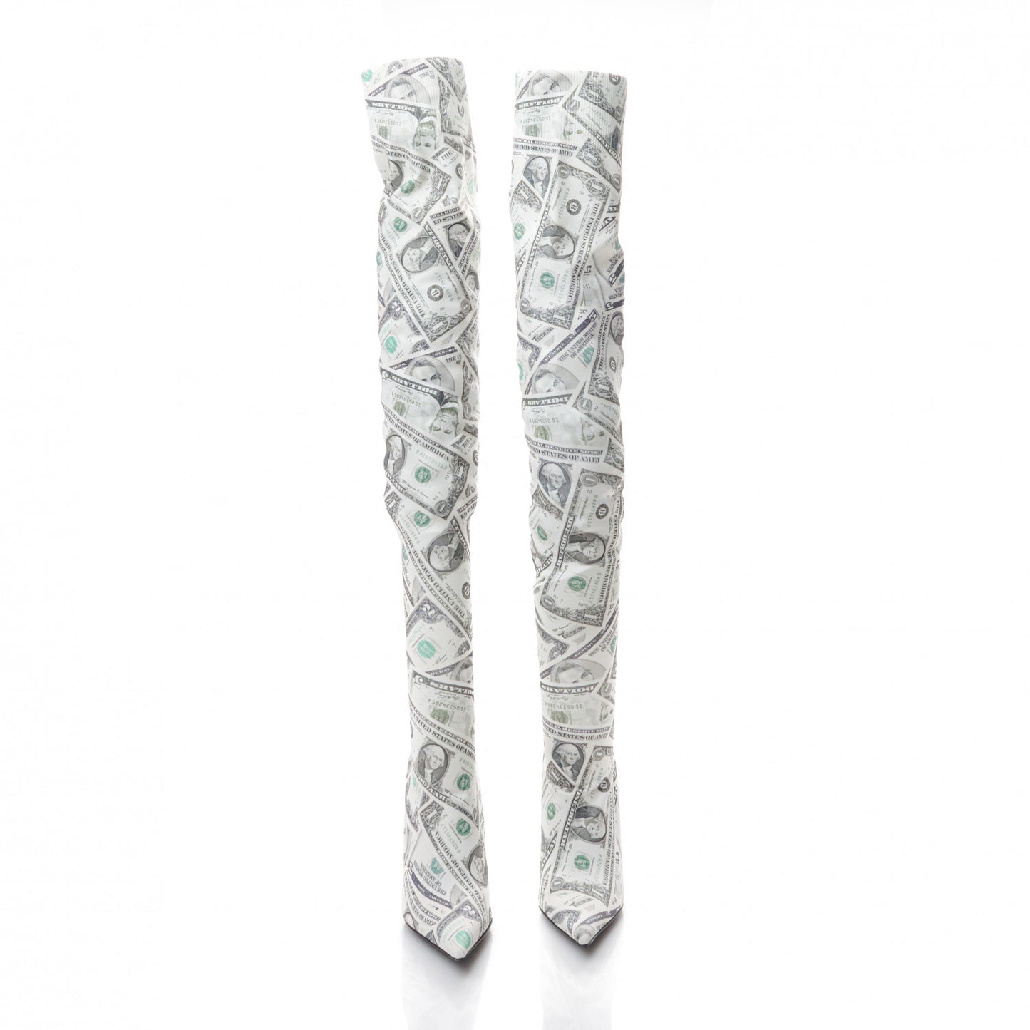 Spandex Dollars Print Pointed Toe Knife Thigh High Boots 36.5 Green