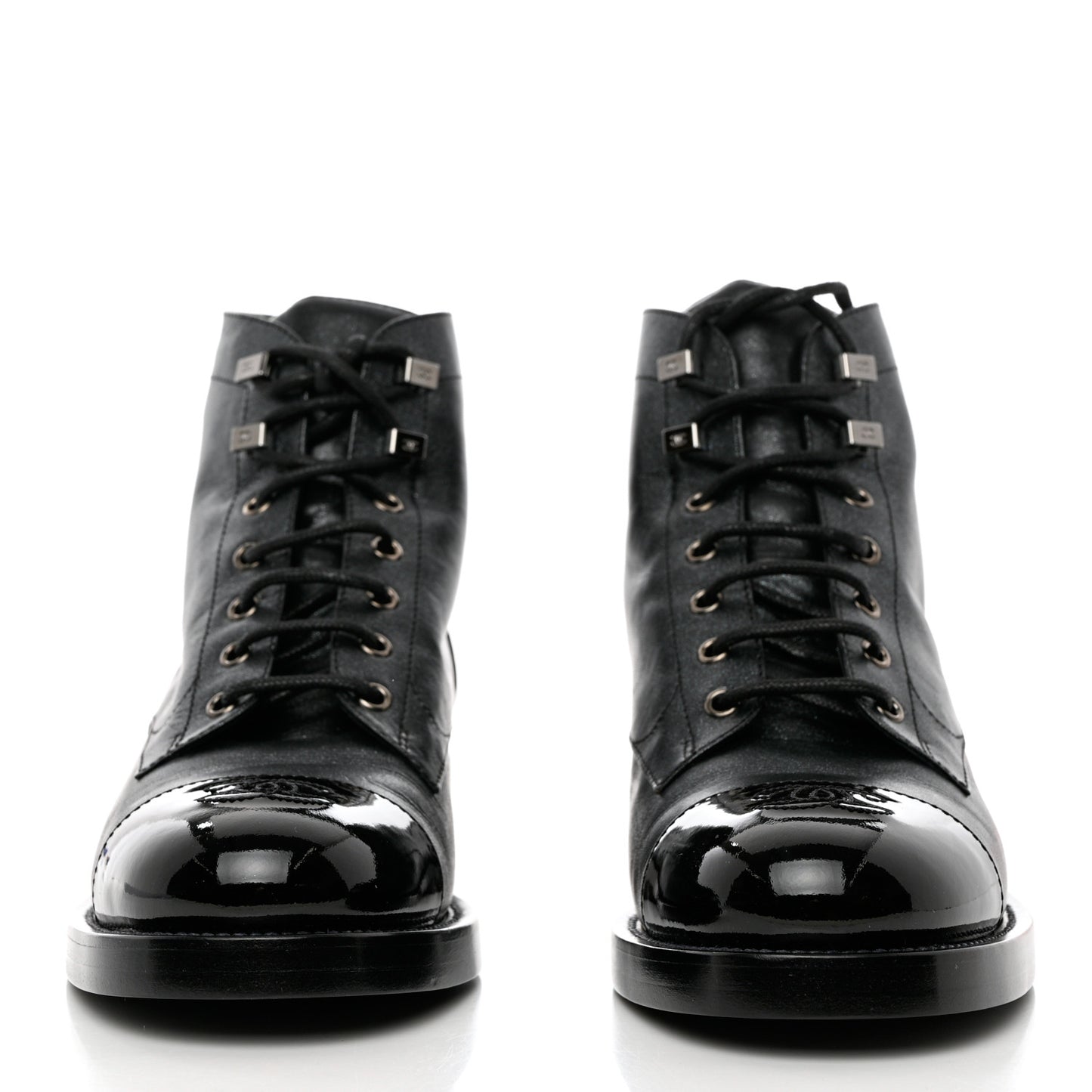 Crumpled Lambskin Shiny Calfskin Combat Boots 40.5 Black