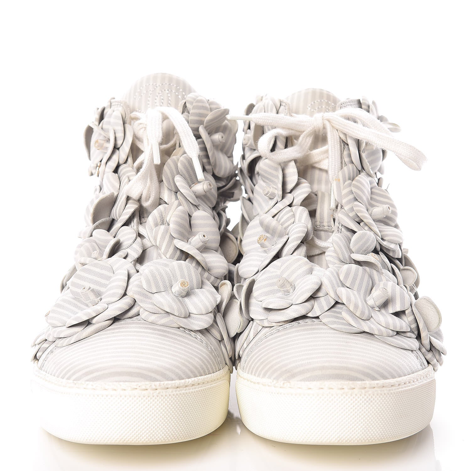 Chanel Lambskin Striped Camellia High Top Sneakers 38 Grey 2 of 10