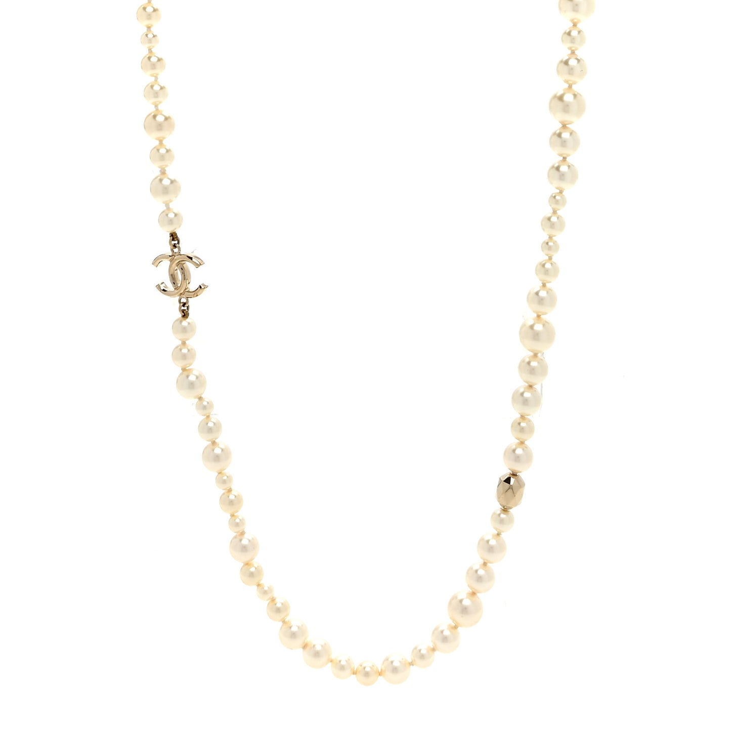 Resin Pearl Metal CC Long Necklace Golden Pearly Beige