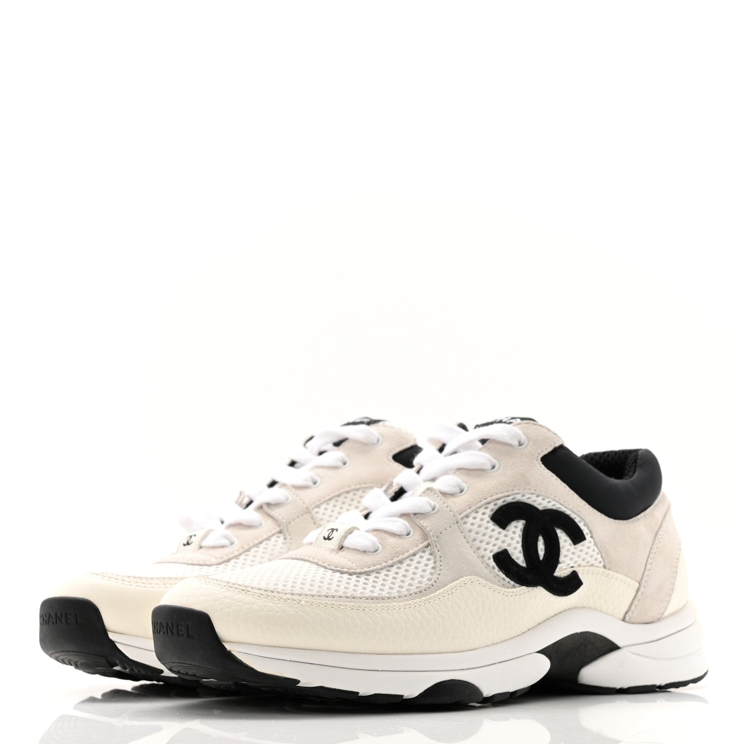 Chanel Mesh Suede Calfskin Grained Calfskin Womens CC Sneakers 39.5 White Black 3 of 13