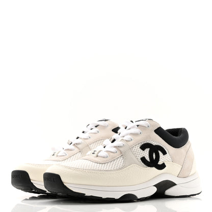 Chanel Mesh Suede Calfskin Grained Calfskin Womens CC Sneakers 39.5 White Black 3 of 13