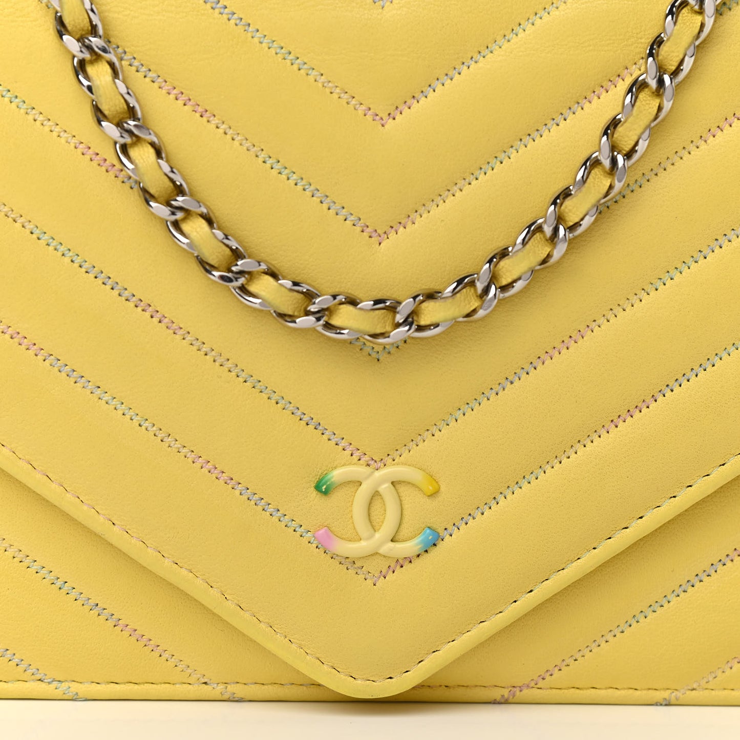 Lambskin Chevron Quilted Wallet On Chain WOC Yellow