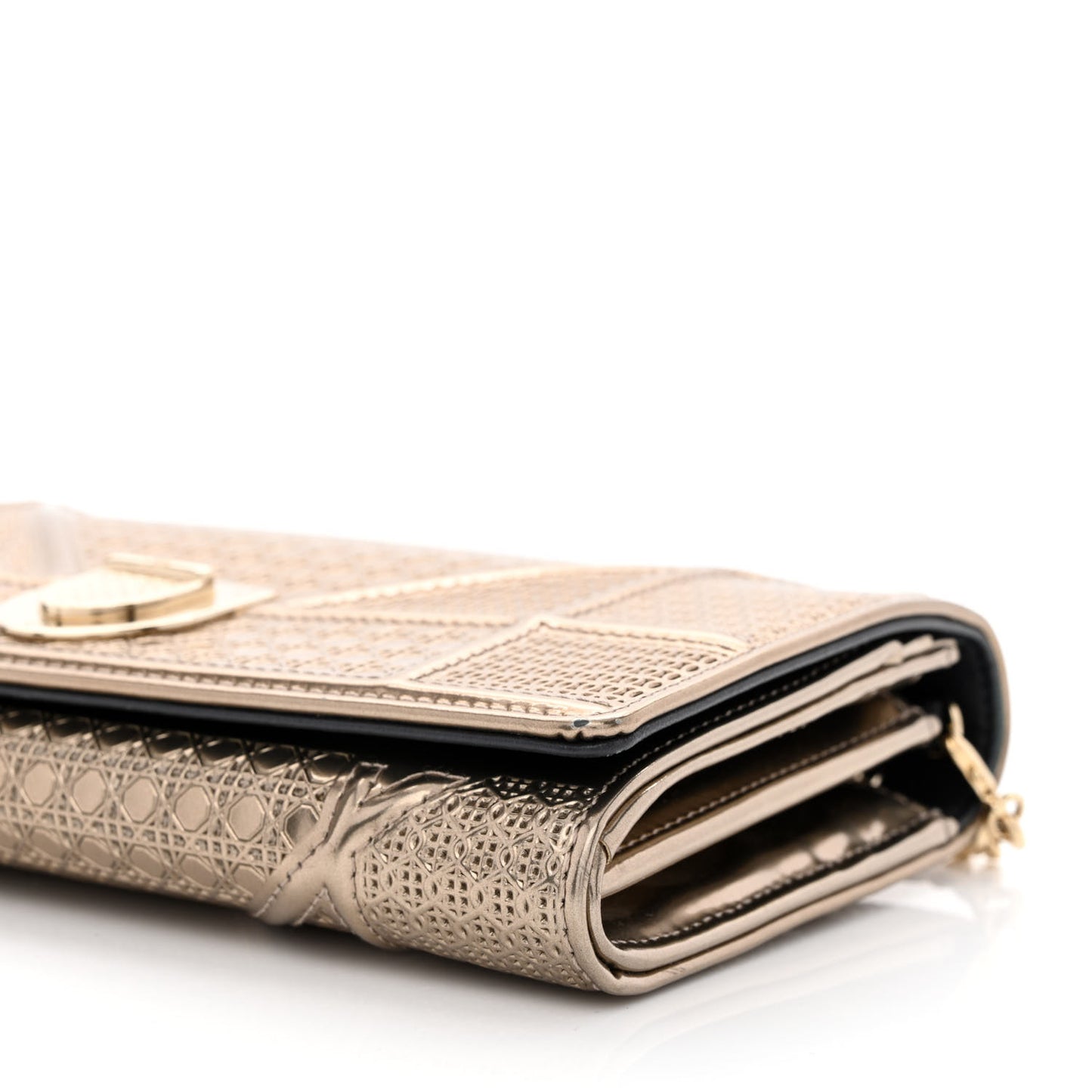 Metallic Patent Micro-Cannage Diorama Wallet on Chain Pouch Gold