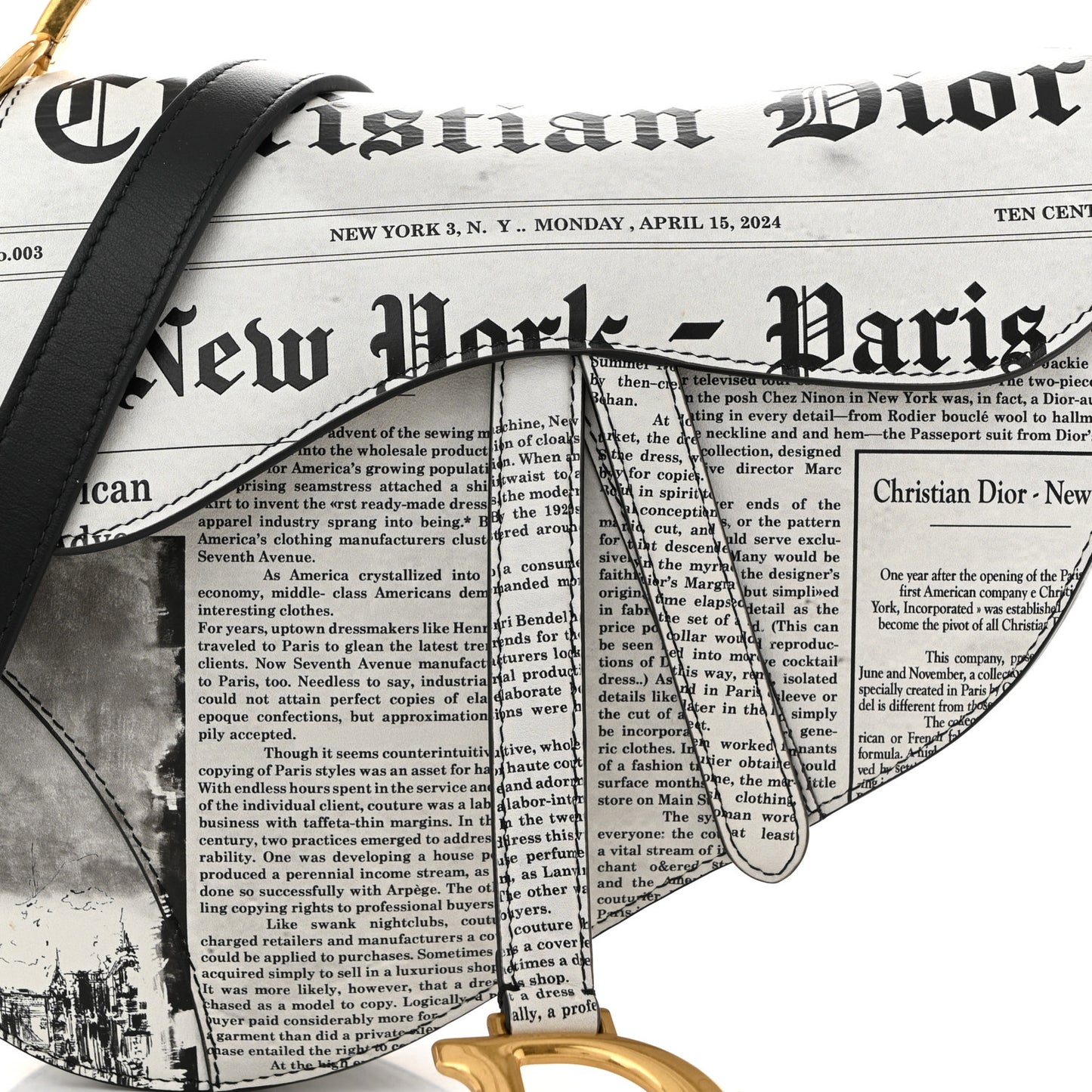 Calfskin Newspaper Printed Saddle Bag With Strap Black White