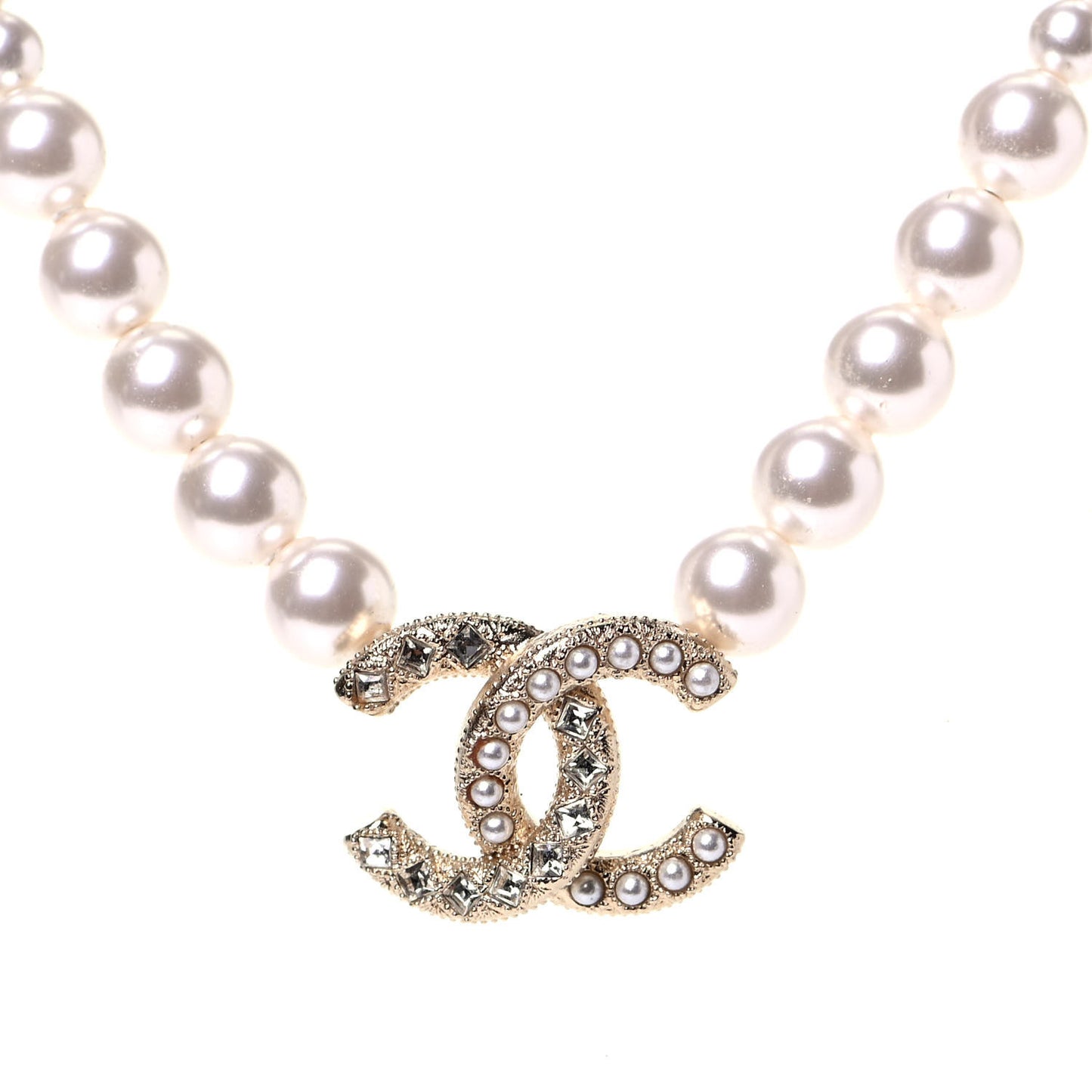 Pearl Crystal Chain CC Necklace Gold
