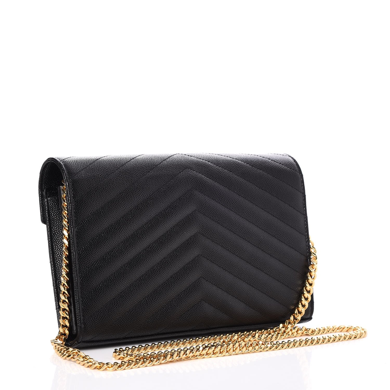 Saint Laurent Grain De Poudre Matelasse Chevron Monogram Chain Wallet Black 3 of 7