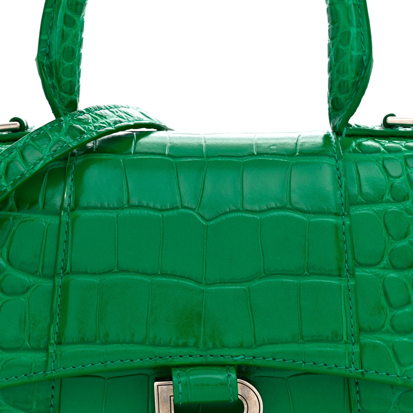 Shiny Calfskin Crocodile Embossed Hourglass Top Handle Bag XS Jade