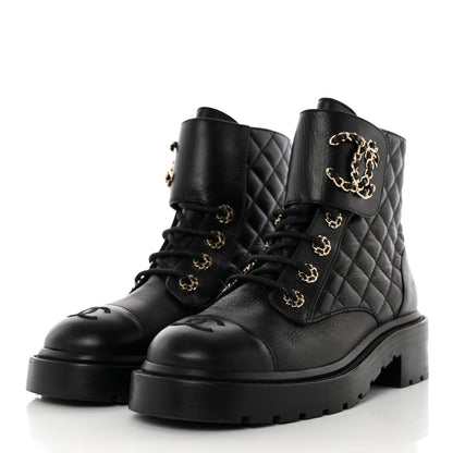 Chanel Shiny Goatskin Calfskin Quilted Lace Up Combat Boots 37 Black 3 of 11