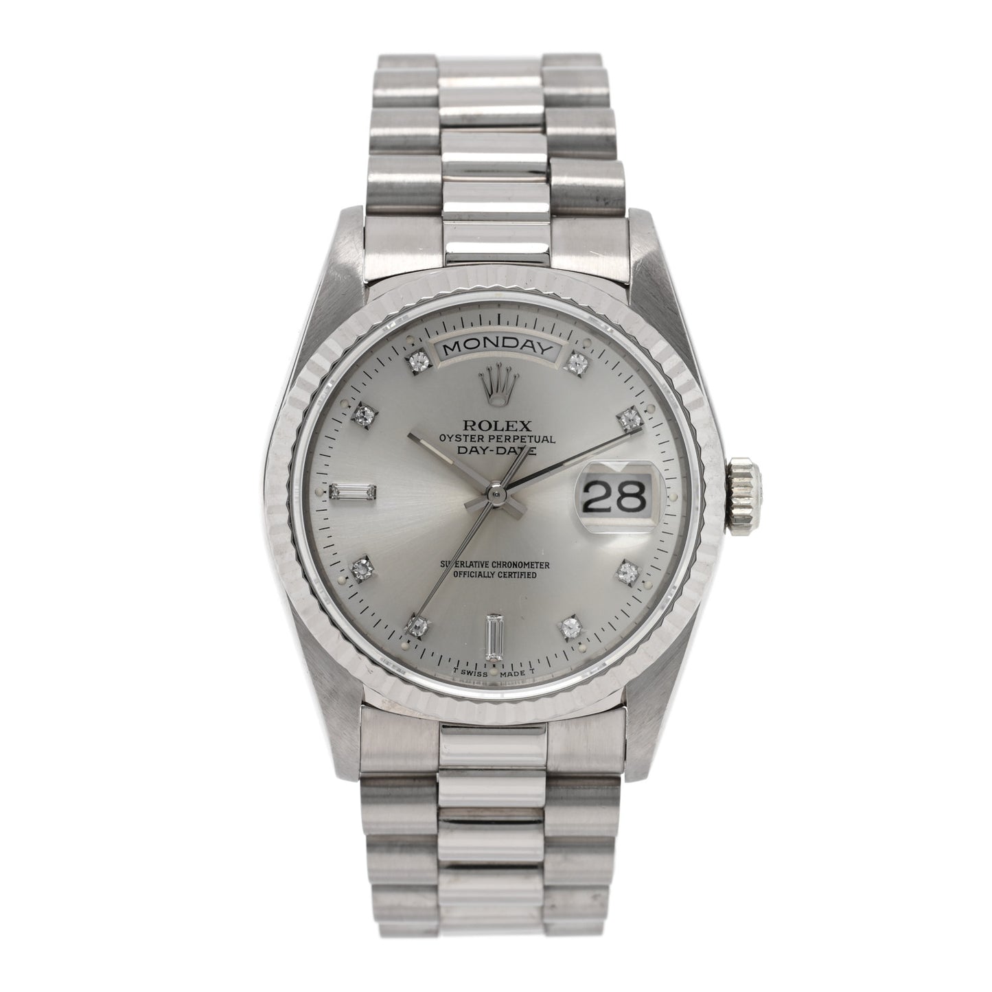 18K White Gold Diamond 36mm Oyster Perpetual Day-Date President Watch Silver 18239