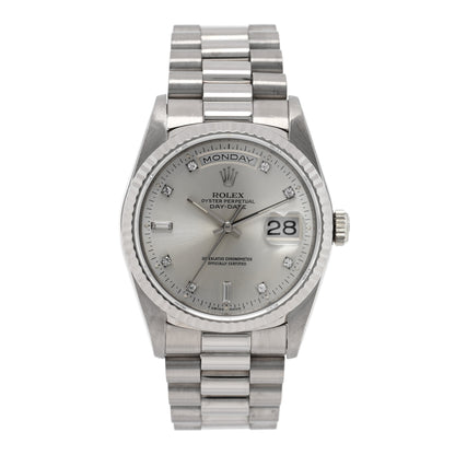 Rolex 18K White Gold Diamond 36mm Oyster Perpetual Day-Date President Watch Silver 18239 1 of 5