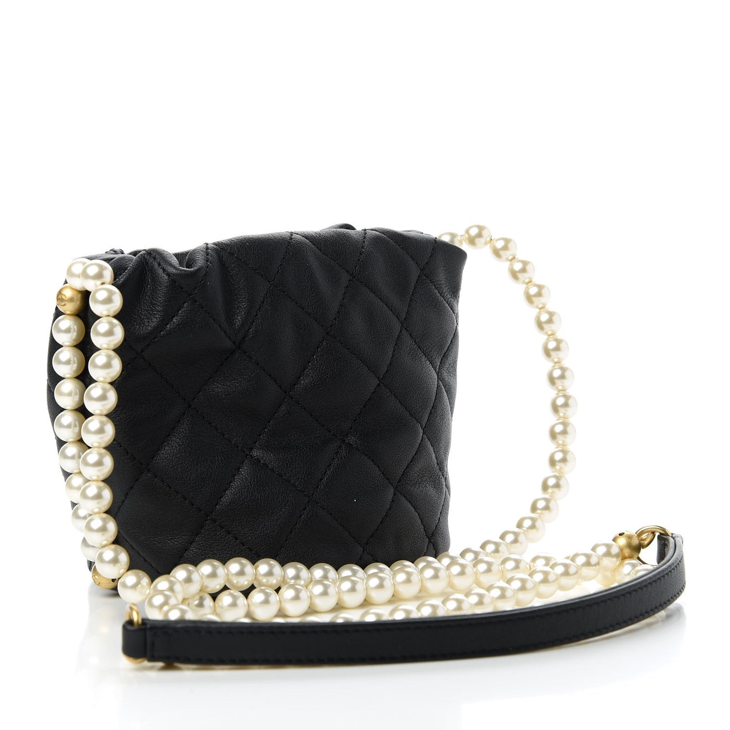 Calfskin Quilted Pearl Mini About Pearls Drawstring Bucket Bag Black