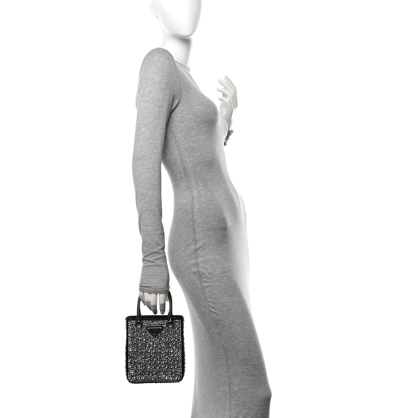 Satin Crystal Metal Triangle Logo Small Double Handle Crossbody Tote Metal