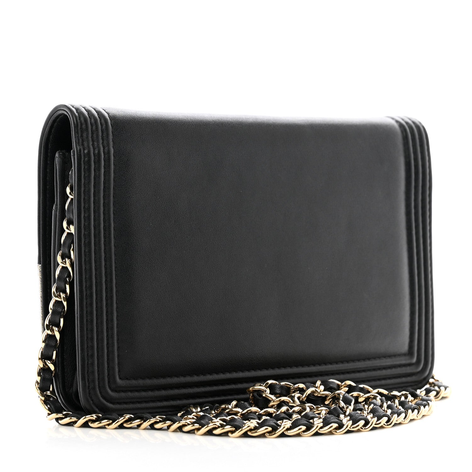 Chanel Metallic Goatskin Lambskin Boy Wallet on Chain WOC Black Gold 3 of 12