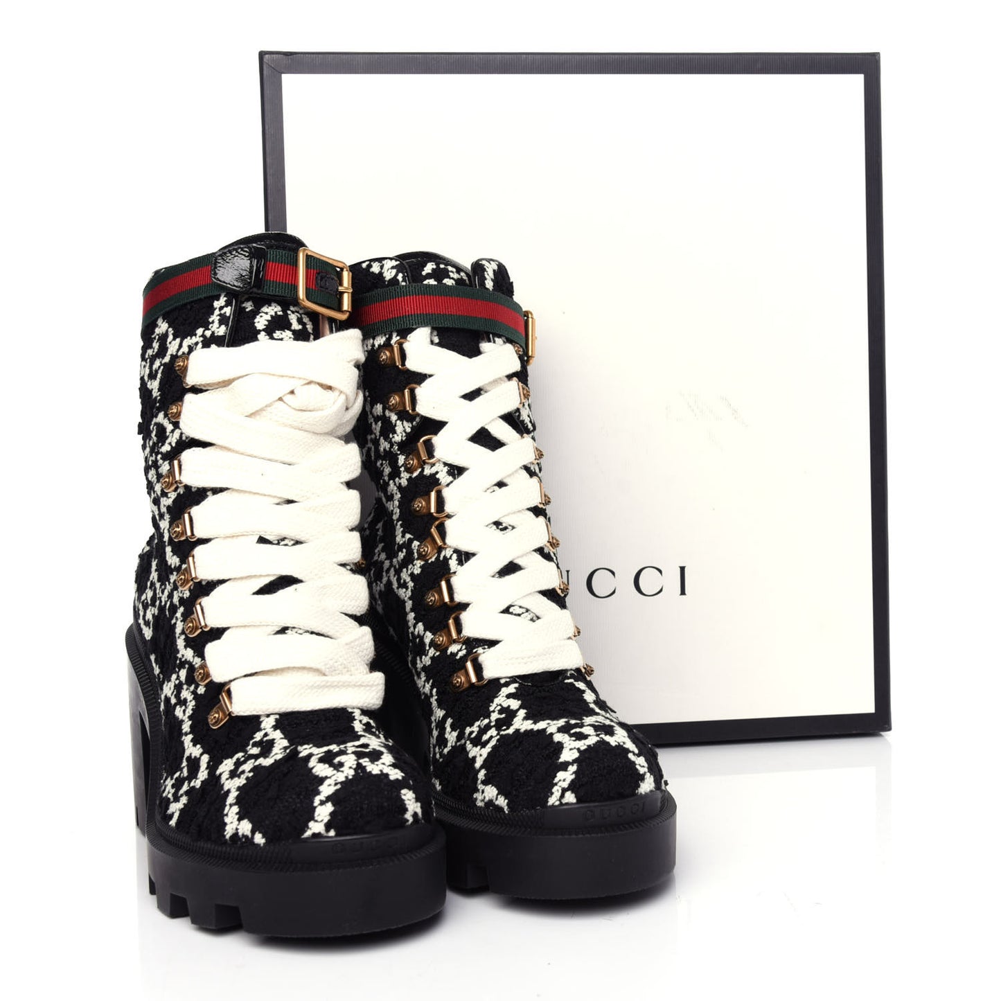 Tweed GG Monogram Lace Up Combat Ankle Boots 39.5 Black