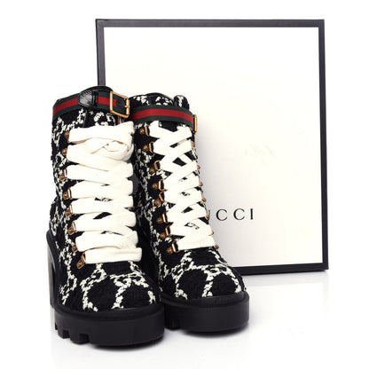 Gucci Tweed GG Monogram Lace Up Combat Ankle Boots 39.5 Black 11 of 11