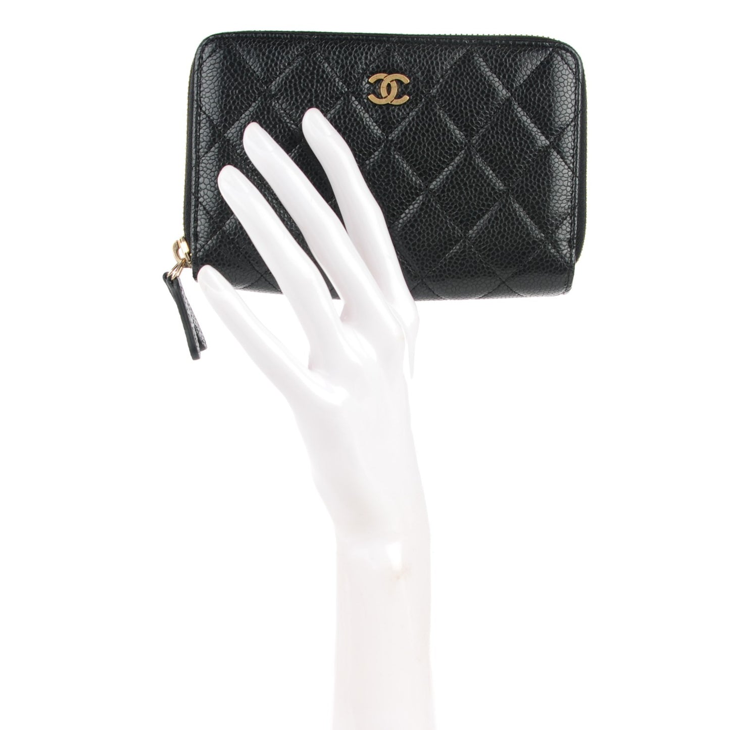 Caviar Quilted Large Gusset Double Zip Around Wallet Black