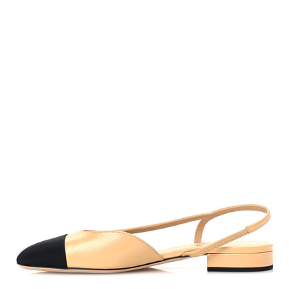 Chanel Goatskin Grosgrain Cap Toe CC Slingback Sandals 37 Beige Black 1 of 10