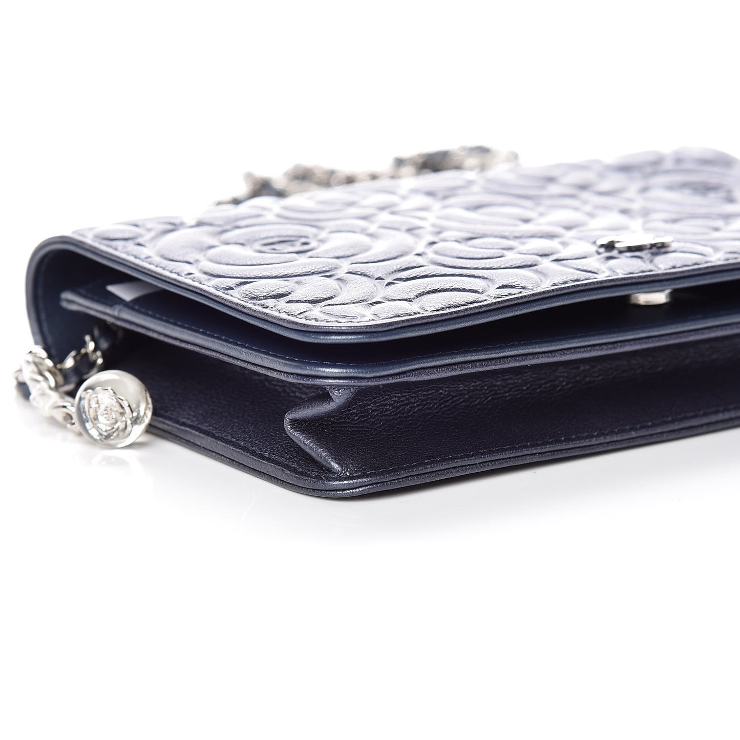 Goatskin Camellia Embossed Wallet On Chain WOC Dark Blue