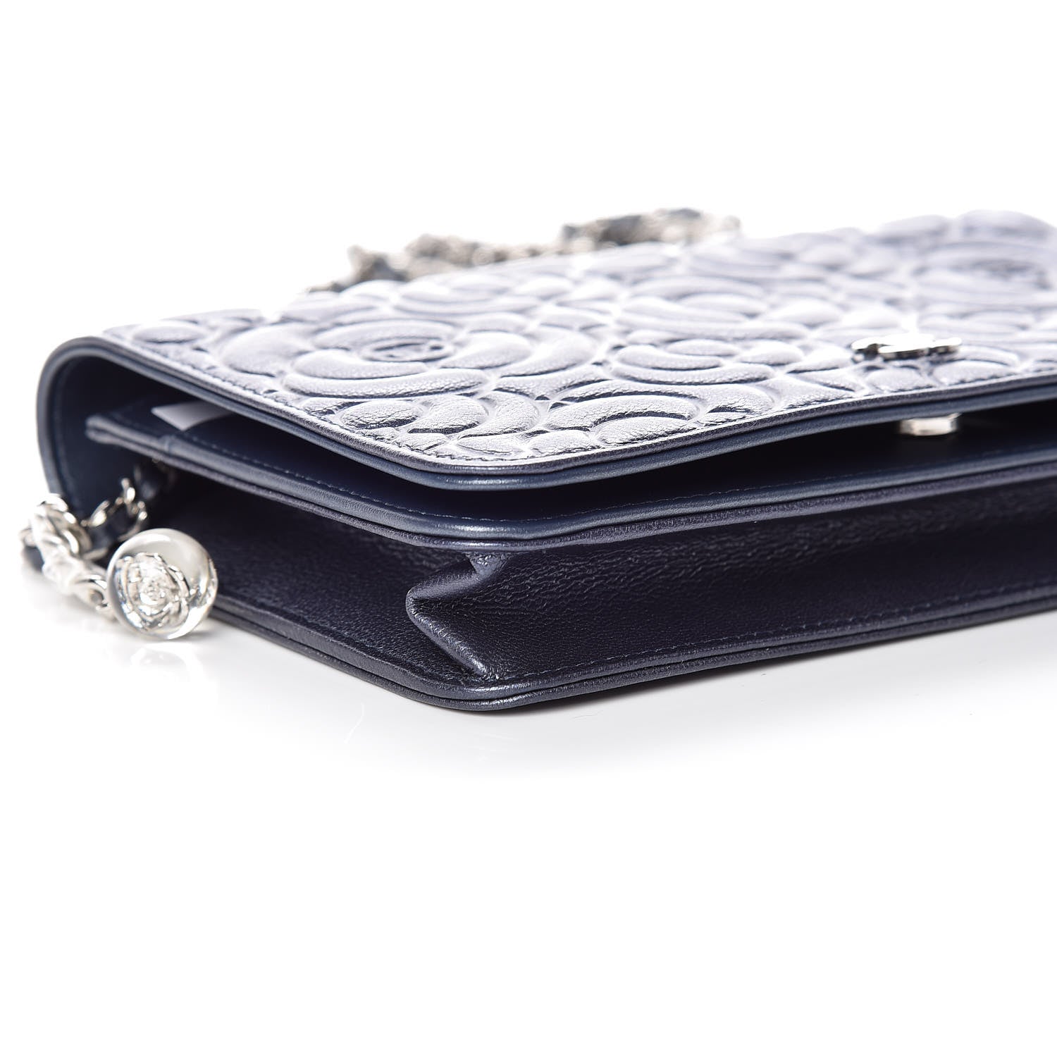 Chanel Goatskin Camellia Embossed Wallet On Chain WOC Dark Blue 5 of 10