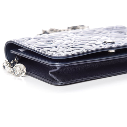 Chanel Goatskin Camellia Embossed Wallet On Chain WOC Dark Blue 5 of 10