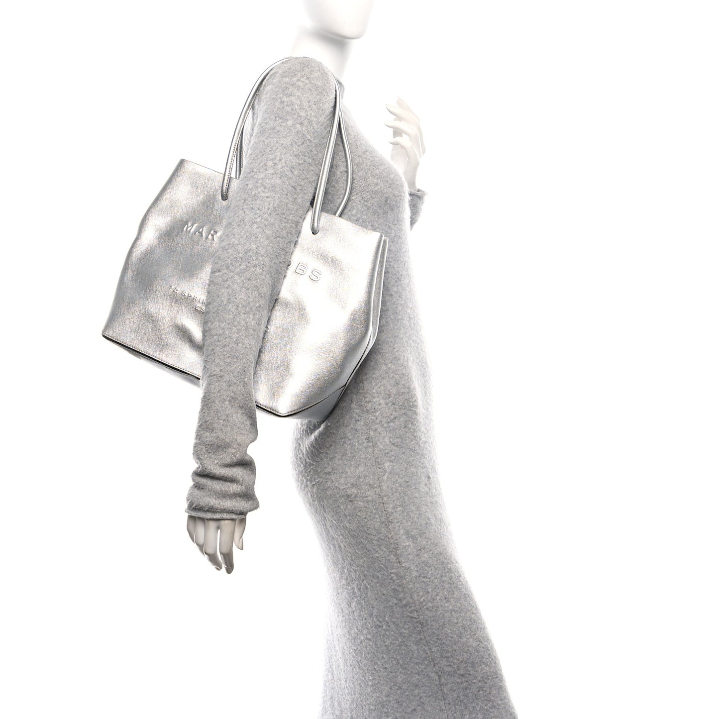 Metallic Saffiano Embossed Logo East West Shopper Tote Silver