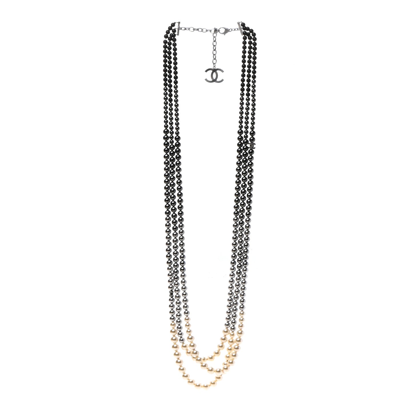 Graduated Pearl CC Multi 3 Strand Necklace Ruthenium Grey Black