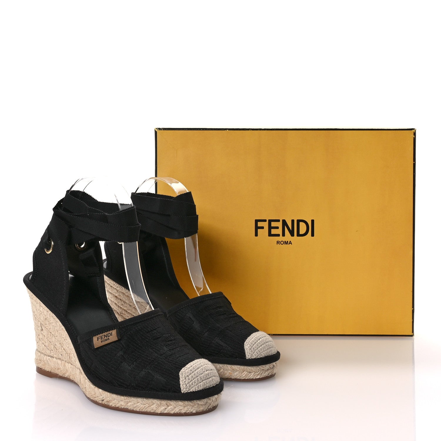 Fendi Canvas FF Embroidered Roma Ankle Wrap Wedge Espadrilles 37 Black 8 of 8
