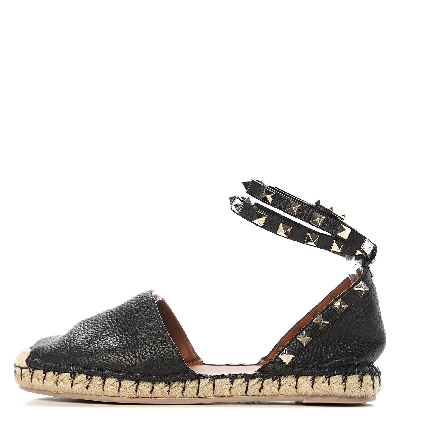 Grained Calfskin Rockstud Ankle Wrap Espadrille 20mm Flats 36 Black Light Cuir Natural